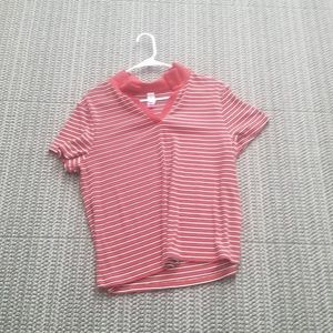 Red, white, and black striped collar shirt